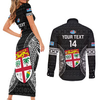 Custom Fiji Rugby Couples Matching Short Sleeve Bodycon Dress and Long Sleeve Button Shirts 2023 Fijian Tapa Pattern World Cup Black LT14 - Polynesian Pride