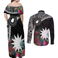 Black Nauru Couples Matching Off Shoulder Maxi Dress and Long Sleeve Button Shirt Naoero Map With Polynesian Tropical Flowers