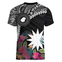 Black Nauru Women V-Neck T-Shirt Naoero Map With Polynesian Tropical Flowers