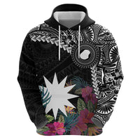Black Nauru Zip Hoodie Naoero Map With Polynesian Tropical Flowers