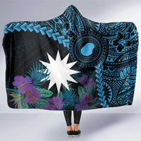 Blue Nauru Hooded Blanket Naoero Map With Polynesian Tropical Flowers