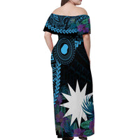 Blue Nauru Off Shoulder Maxi Dress Naoero Map With Polynesian Tropical Flowers