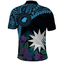 Blue Nauru Polo Shirt Naoero Map With Polynesian Tropical Flowers