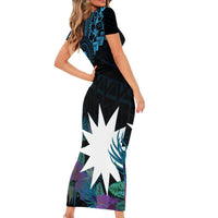 Blue Nauru Short Sleeve Bodycon Dress Naoero Map With Polynesian Tropical Flowers