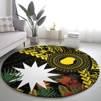 Gold Nauru Round Carpet Naoero Map With Polynesian Tropical Flowers