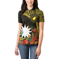 Gold Nauru Women Polo Shirt Naoero Map With Polynesian Tropical Flowers
