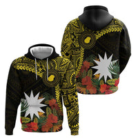 Gold Nauru Zip Hoodie Naoero Map With Polynesian Tropical Flowers