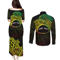 Personalised Nukuoro Atoll Couples Matching Puletasi and Long Sleeve Button Shirt Polynesian Tattoo Curves Reggae Version LT14 - Polynesian Pride