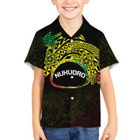 Personalised Nukuoro Atoll Family Matching Off The Shoulder Long Sleeve Dress and Hawaiian Shirt Polynesian Tattoo Curves Reggae Version