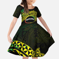 Personalised Nukuoro Atoll Family Matching Short Sleeve Bodycon Dress and Hawaiian Shirt Polynesian Tattoo Curves Reggae Version LT14 Daughter's Dress Reggae - Polynesian Pride