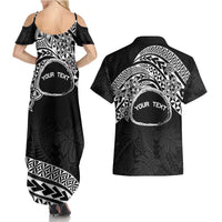 Personalised Pohnpei Nukuoro Micronesia Couples Matching Summer Maxi Dress and Hawaiian Shirt Polynesian Tattoo Curves Black Version