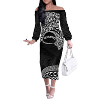 Personalised Pohnpei Nukuoro Micronesia Family Matching Off The Shoulder Long Sleeve Dress and Hawaiian Shirt Polynesian Tattoo Curves Black Version