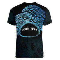 Personalised Pohnpei Nukuoro Micronesia Women V-Neck T-Shirt Polynesian Tattoo Curves Blue Version