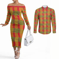 Aloha Hawaii Ilima Maile Lei Couples Matching Off The Shoulder Long Sleeve Dress and Long Sleeve Button Shirt Palaka Inspired Hawaiian-plaid Red