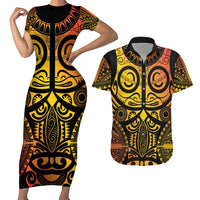 Marquesas Islands Couples Matching Short Sleeve Bodycon Dress and Hawaiian Shirt Marquesan Tattoo Yellow Gradient - Polynesian Pride