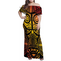 Marquesas Islands Family Matching Off Shoulder Maxi Dress and Hawaiian Shirt Marquesan Tattoo Yellow Gradient - Polynesian Pride
