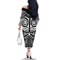 Marquesas Islands Family Matching Off The Shoulder Long Sleeve Dress and Hawaiian Shirt Marquesan Tattoo Black White Color - Polynesian Pride