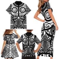 Marquesas Islands Family Matching Short Sleeve Bodycon Dress and Hawaiian Shirt Marquesan Tattoo Black White Color - Polynesian Pride