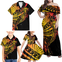 Gradient Marquesas Islands Family Matching Off Shoulder Maxi Dress and Hawaiian Shirt Marquesan Matatiki Hammerhead Shark Patutiki - Polynesian Pride