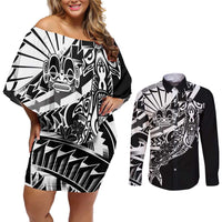 Black White Marquesas Islands Couples Matching Off Shoulder Short Dress and Long Sleeve Button Shirt Marquesan Matatiki Hammerhead Shark Patutiki - Polynesian Pride