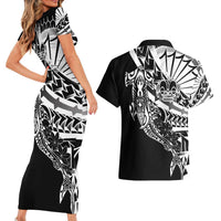 Black White Marquesas Islands Couples Matching Short Sleeve Bodycon Dress and Hawaiian Shirt Marquesan Matatiki Hammerhead Shark Patutiki - Polynesian Pride