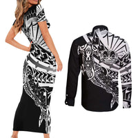 Black White Marquesas Islands Couples Matching Short Sleeve Bodycon Dress and Long Sleeve Button Shirt Marquesan Matatiki Hammerhead Shark Patutiki - Polynesian Pride