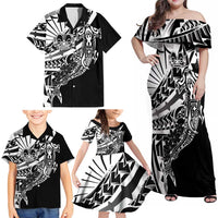 Black White Marquesas Islands Family Matching Off Shoulder Maxi Dress and Hawaiian Shirt Marquesan Matatiki Hammerhead Shark Patutiki - Polynesian Pride