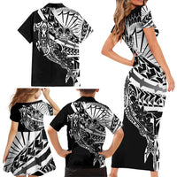Black White Marquesas Islands Family Matching Short Sleeve Bodycon Dress and Hawaiian Shirt Marquesan Matatiki Hammerhead Shark Patutiki - Polynesian Pride