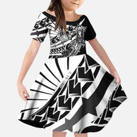 Black White Marquesas Islands Kid Short Sleeve Dress Marquesan Matatiki Hammerhead Shark Patutiki - Polynesian Pride