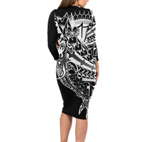 Black White Marquesas Islands Long Sleeve Bodycon Dress Marquesan Matatiki Hammerhead Shark Patutiki - Polynesian Pride