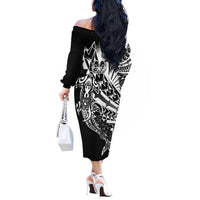 Black White Marquesas Islands Off The Shoulder Long Sleeve Dress Marquesan Matatiki Hammerhead Shark Patutiki - Polynesian Pride