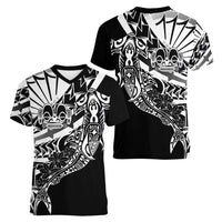 Black White Marquesas Islands Women V-Neck T-Shirt Marquesan Matatiki Hammerhead Shark Patutiki - Polynesian Pride