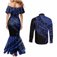Blue Marquesas Islands Couples Matching Mermaid Dress and Long Sleeve Button Shirt Marquesan Matatiki Hammerhead Shark Patutiki - Polynesian Pride