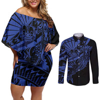 Blue Marquesas Islands Couples Matching Off Shoulder Short Dress and Long Sleeve Button Shirt Marquesan Matatiki Hammerhead Shark Patutiki - Polynesian Pride