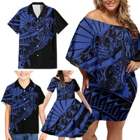 Blue Marquesas Islands Family Matching Off Shoulder Short Dress and Hawaiian Shirt Marquesan Matatiki Hammerhead Shark Patutiki - Polynesian Pride