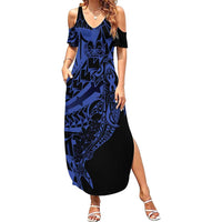 Blue Marquesas Islands Summer Maxi Dress Marquesan Matatiki Hammerhead Shark Patutiki - Polynesian Pride