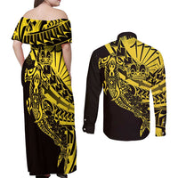 Yellow Marquesas Islands Couples Matching Off Shoulder Maxi Dress and Long Sleeve Button Shirt Marquesan Matatiki Hammerhead Shark Patutiki - Polynesian Pride