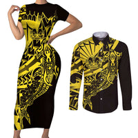 Yellow Marquesas Islands Couples Matching Short Sleeve Bodycon Dress and Long Sleeve Button Shirt Marquesan Matatiki Hammerhead Shark Patutiki - Polynesian Pride