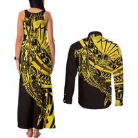 Yellow Marquesas Islands Couples Matching Tank Maxi Dress and Long Sleeve Button Shirt Marquesan Matatiki Hammerhead Shark Patutiki - Polynesian Pride