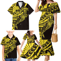 Yellow Marquesas Islands Family Matching Mermaid Dress and Hawaiian Shirt Marquesan Matatiki Hammerhead Shark Patutiki - Polynesian Pride