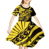 Yellow Marquesas Islands Kid Short Sleeve Dress Marquesan Matatiki Hammerhead Shark Patutiki - Polynesian Pride