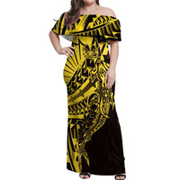 Yellow Marquesas Islands Off Shoulder Maxi Dress Marquesan Matatiki Hammerhead Shark Patutiki - Polynesian Pride