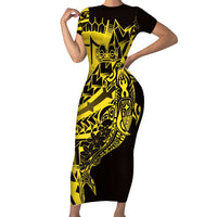 Yellow Marquesas Islands Short Sleeve Bodycon Dress Marquesan Matatiki Hammerhead Shark Patutiki - Polynesian Pride