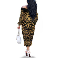 Austral Islands Family Matching Off The Shoulder Long Sleeve Dress and Hawaiian Shirt Tuhaa Pae Penu Stars Necklace Gold - Polynesian Pride