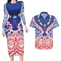 Austral Islands Couples Matching Long Sleeve Bodycon Dress and Hawaiian Shirt Tuhaa Pae Penu Stars Necklace Red - Polynesian Pride