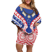 Austral Islands Family Matching Off Shoulder Short Dress and Hawaiian Shirt Tuhaa Pae Penu Stars Necklace Red - Polynesian Pride