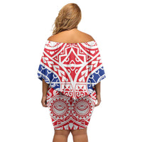 Austral Islands Family Matching Off Shoulder Short Dress and Hawaiian Shirt Tuhaa Pae Penu Stars Necklace Red - Polynesian Pride