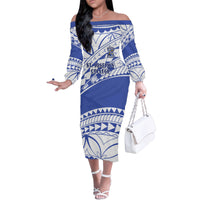 Personalised Samoa St Josephs College Family Matching Off Shoulder Long Sleeve Dress and Hawaiian Shirt Marist Brothers Samoan Pattern LT14 Mom's Dress Blue - Polynesian Pride