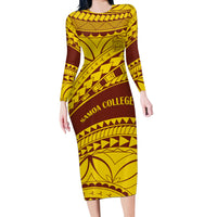 Personalised Samoa College Long Sleeve Bodycon Dress Samoan Pattern LT14 Long Dress Gold - Polynesian Pride