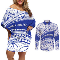 Personalised Samoa Safata College Couples Matching Off Shoulder Short Dress and Long Sleeve Button Shirt Samoan Pattern LT14 Blue - Polynesian Pride